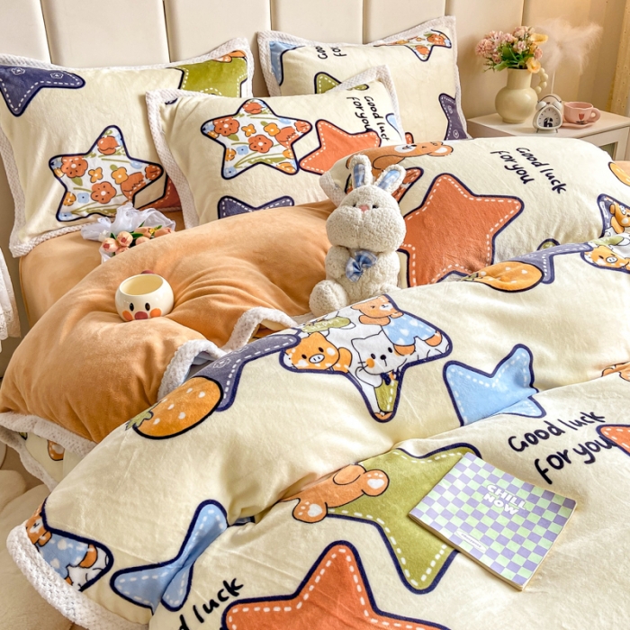 91家纺网 家纺一手货源 找家纺 阿亮家居 2024新款大包边菠萝格牛奶绒活性印染单被套 满天星