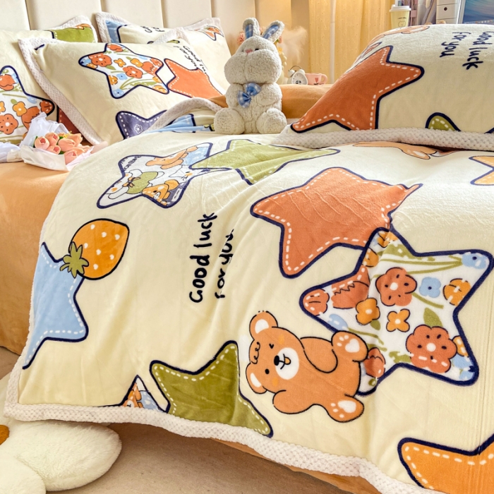 91家纺网 家纺一手货源 找家纺 阿亮家居 2024新款大包边菠萝格牛奶绒活性印染单被套 满天星