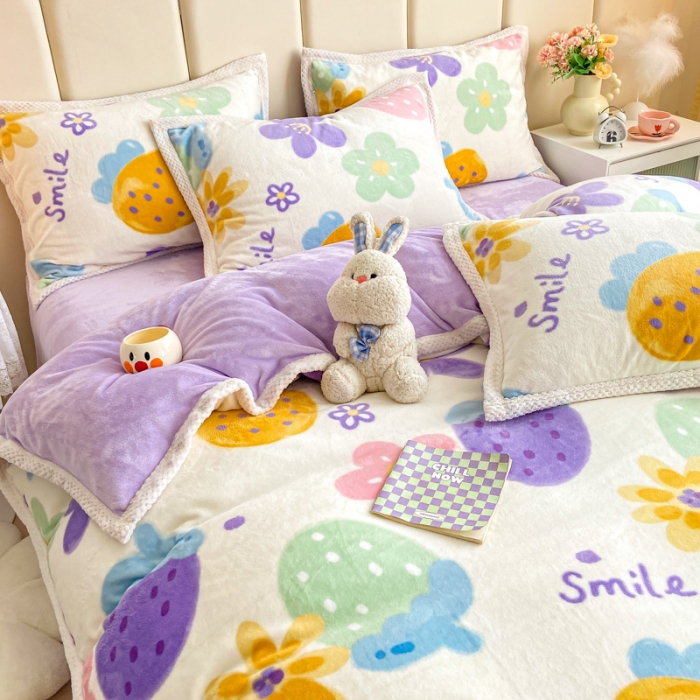 91家纺网 家纺一手货源 找家纺 阿亮家居 2024新款大包边菠萝格牛奶绒活性印染单被套 清新草莓