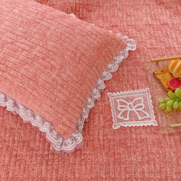 91家纺网 家纺一手货源 找家纺 乐嘉盈 2025新款牛奶绒蕾丝纯色肌底四件套 小家碧玉-桔