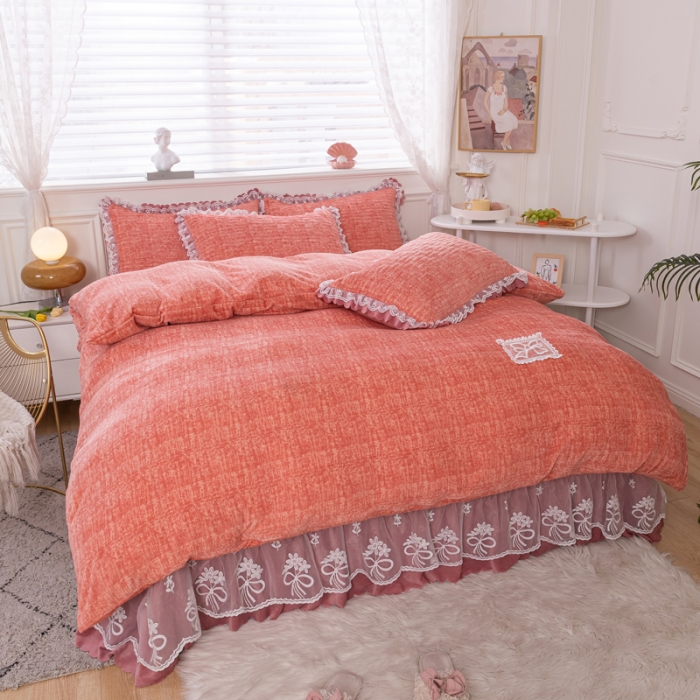 91家纺网 家纺一手货源 找家纺 乐嘉盈 2025新款牛奶绒蕾丝纯色肌底四件套 小家碧玉-桔