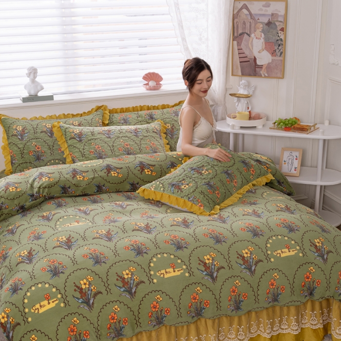 91家纺网 家纺一手货源 找家纺 乐嘉盈 2025新款印花巴黎绒四件套 点点绿花