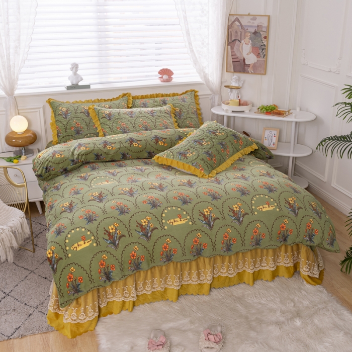 91家纺网 家纺一手货源 找家纺 乐嘉盈 2025新款印花巴黎绒四件套 点点绿花