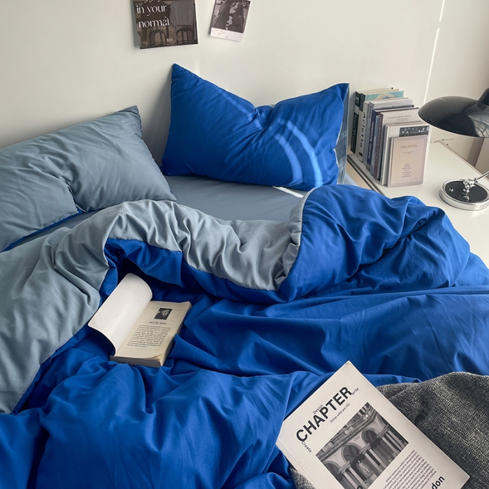 91家纺网 家纺一手货源 找家纺 贝拉梦 2023亲肤棉简约风纯色双拼105g四件套克莱因蓝