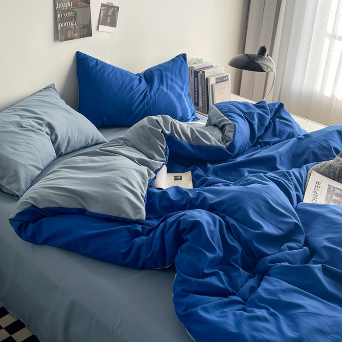 91家纺网 家纺一手货源 找家纺 贝拉梦 2023亲肤棉简约风纯色双拼105g四件套克莱因蓝