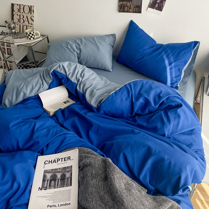 91家纺网 家纺一手货源 找家纺 贝拉梦 2023亲肤棉简约风纯色双拼105g四件套克莱因蓝