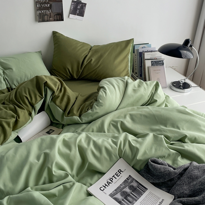 91家纺网 家纺一手货源 找家纺 贝拉梦 2023亲肤棉简约风纯色双拼105g四件套奶绿深绿