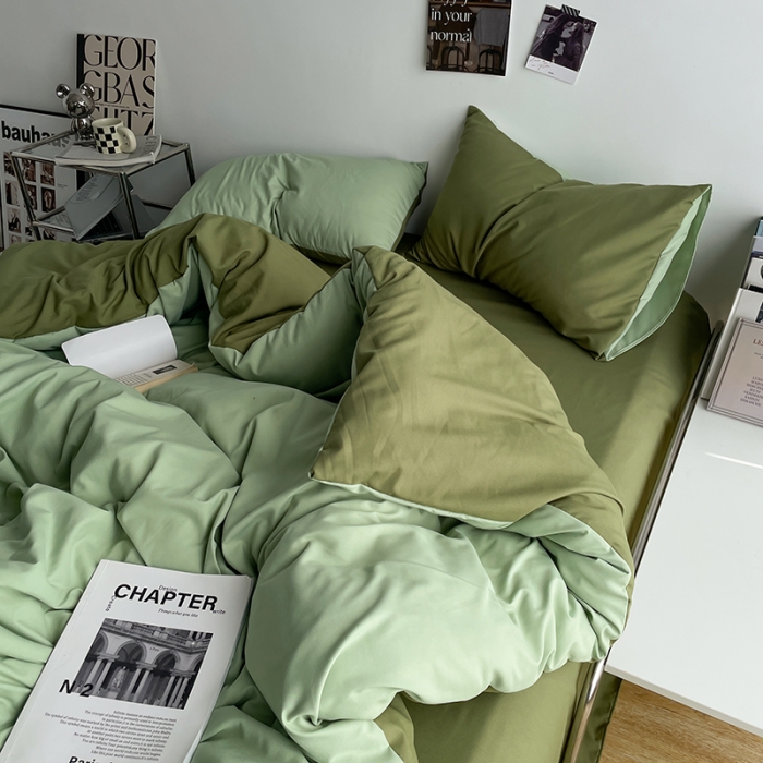 91家纺网 家纺一手货源 找家纺 贝拉梦 2023亲肤棉简约风纯色双拼105g四件套奶绿深绿