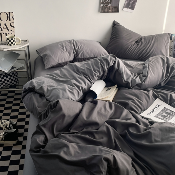 91家纺网 家纺一手货源 找家纺 贝拉梦 2023亲肤棉北欧简约风纯色双拼105g四件套雾霾灰