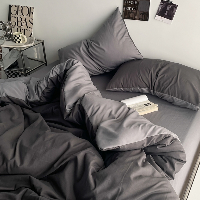 91家纺网 家纺一手货源 找家纺 贝拉梦 2023亲肤棉北欧简约风纯色双拼105g四件套雾霾灰