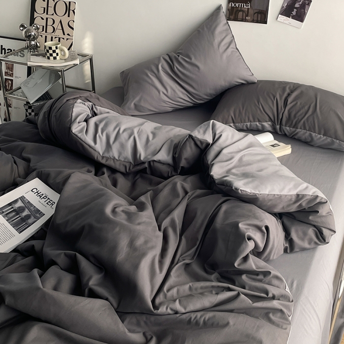 91家纺网 家纺一手货源 找家纺 贝拉梦 2023亲肤棉北欧简约风纯色双拼105g四件套雾霾灰