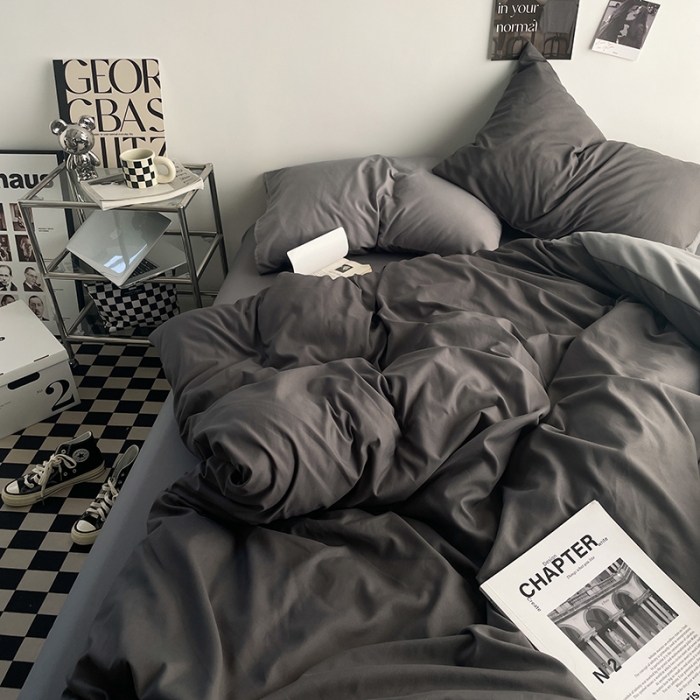 91家纺网 家纺一手货源 找家纺 贝拉梦 2023亲肤棉北欧简约风纯色双拼105g四件套雾霾灰