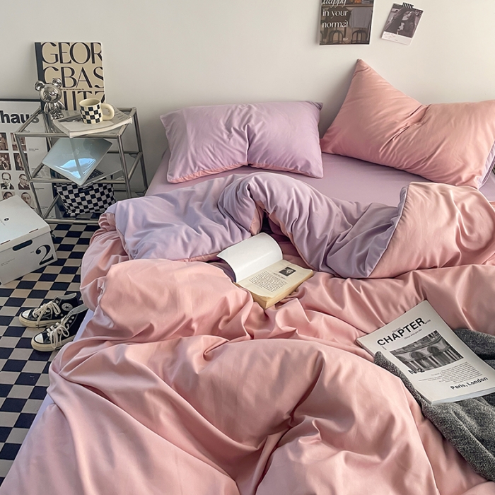 91家纺网 家纺一手货源 找家纺 贝拉梦 2023亲肤棉简约风纯色双拼105g四件套香芋奶紫