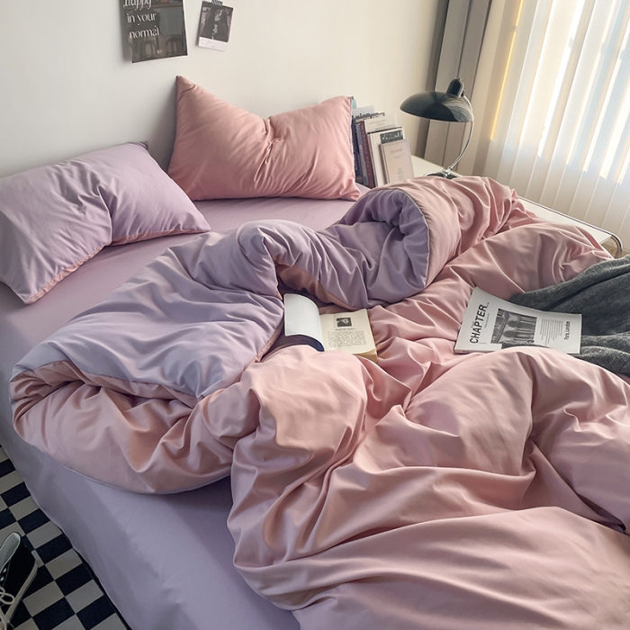 91家纺网 家纺一手货源 找家纺 贝拉梦 2023亲肤棉简约风纯色双拼105g四件套香芋奶紫