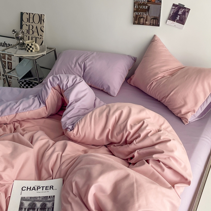 91家纺网 家纺一手货源 找家纺 贝拉梦 2023亲肤棉简约风纯色双拼105g四件套香芋奶紫