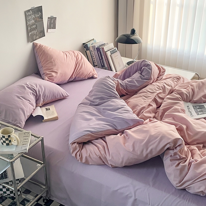 91家纺网 家纺一手货源 找家纺 贝拉梦 2023亲肤棉简约风纯色双拼105g四件套香芋奶紫