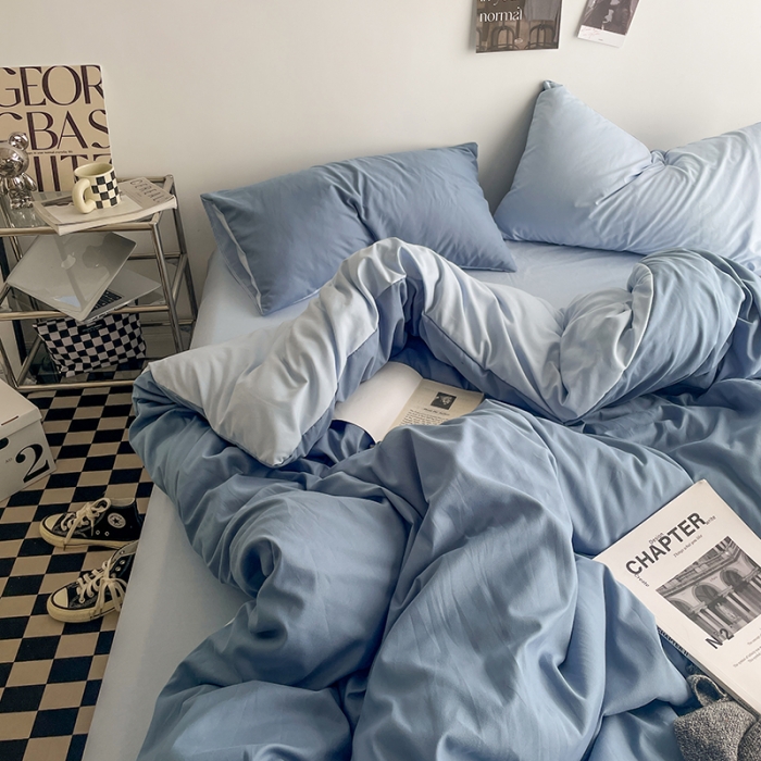 91家纺网 家纺一手货源 找家纺 贝拉梦 2023亲肤棉简约风纯色双拼105g四件套月光雾蓝