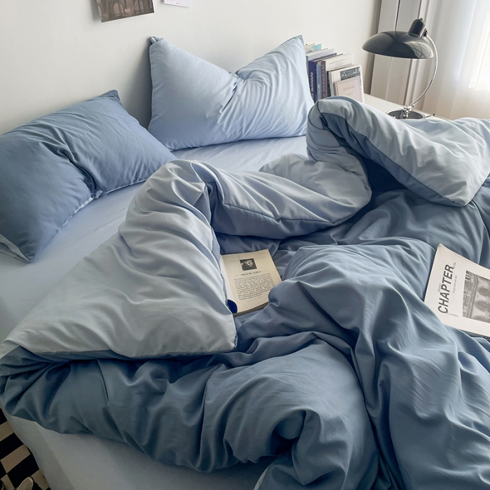 91家纺网 家纺一手货源 找家纺 贝拉梦 2023亲肤棉简约风纯色双拼105g四件套月光雾蓝