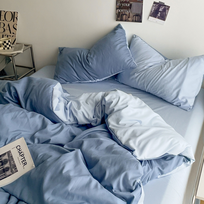 91家纺网 家纺一手货源 找家纺 贝拉梦 2023亲肤棉简约风纯色双拼105g四件套月光雾蓝