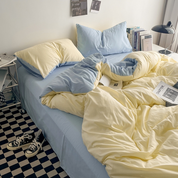 91家纺网 家纺一手货源 找家纺 贝拉梦 2023亲肤棉简约风纯色双拼105g四件套芝士海盐