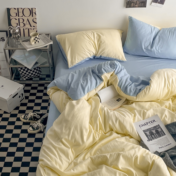 91家纺网 家纺一手货源 找家纺 贝拉梦 2023亲肤棉简约风纯色双拼105g四件套芝士海盐