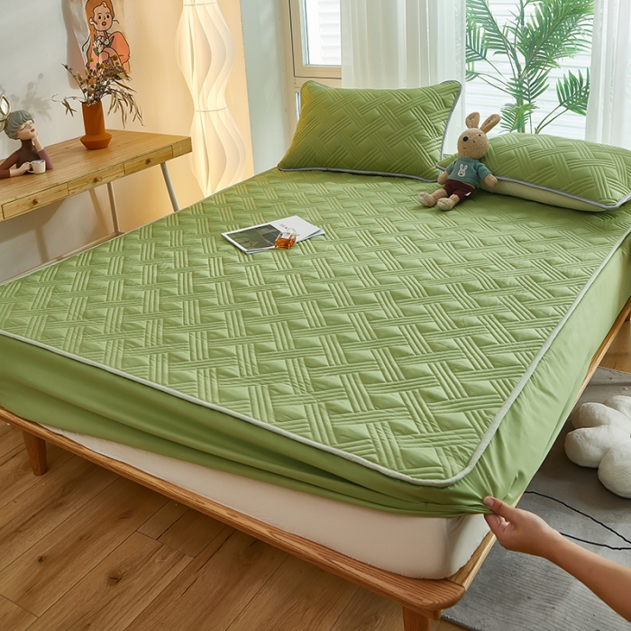 91家纺网 家纺一手货源 找家纺 蕾诺 2023新品夹棉防水隔尿床笠席梦思保护套 金豆绿