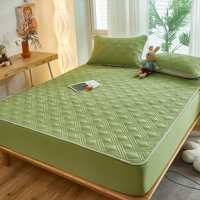 91家纺网 家纺一手货源 找家纺 蕾诺 2023新品夹棉防水隔尿床笠席梦思保护套 金豆绿