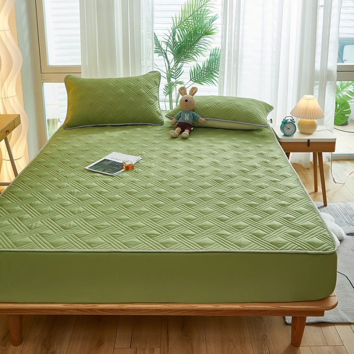 91家纺网 家纺一手货源 找家纺 蕾诺 2023新品夹棉防水隔尿床笠席梦思保护套 金豆绿