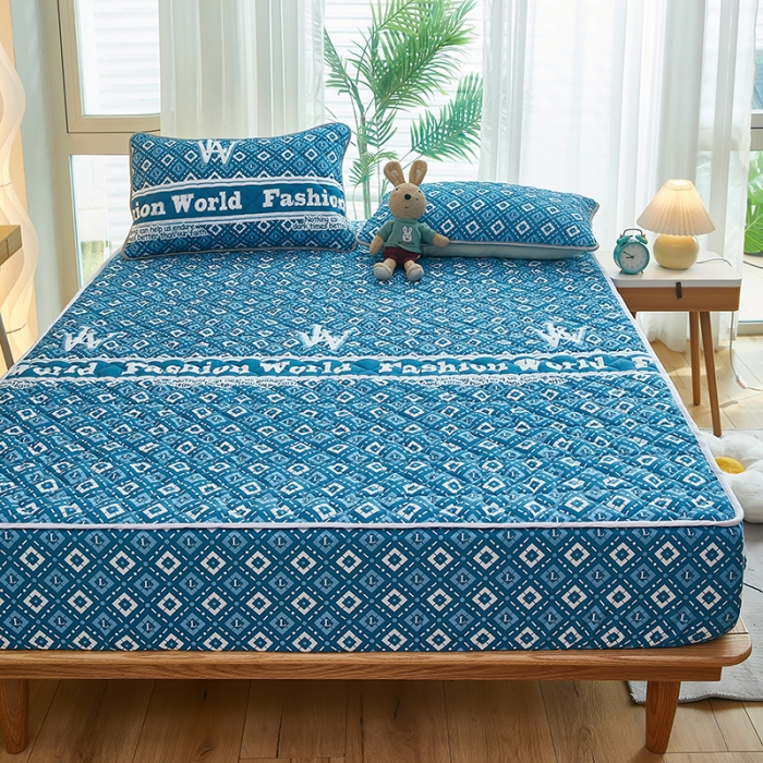 91家纺网 家纺一手货源 找家纺 蕾诺 2023新品夹棉防水隔尿床笠席梦思保护套 绅士蓝