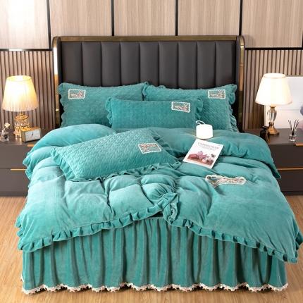 91家纺网 家纺一手货源 找家纺 高克重牛奶绒四件套夹棉法莱荷叶边床裙加厚水晶韩版纯色绣花被套