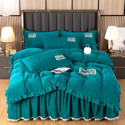 91家纺网 家纺一手货源 找家纺 高克重牛奶绒四件套夹棉法莱荷叶边床裙加厚水晶韩版纯色绣花被套