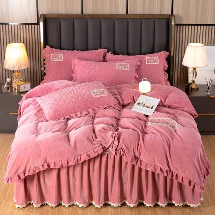 91家纺网 家纺一手货源 找家纺 高克重牛奶绒四件套夹棉法莱荷叶边床裙加厚水晶韩版纯色绣花被套