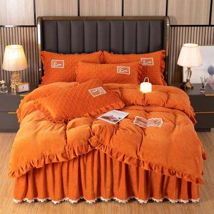 91家纺网 家纺一手货源 找家纺 高克重牛奶绒四件套夹棉法莱荷叶边床裙加厚水晶韩版纯色绣花被套