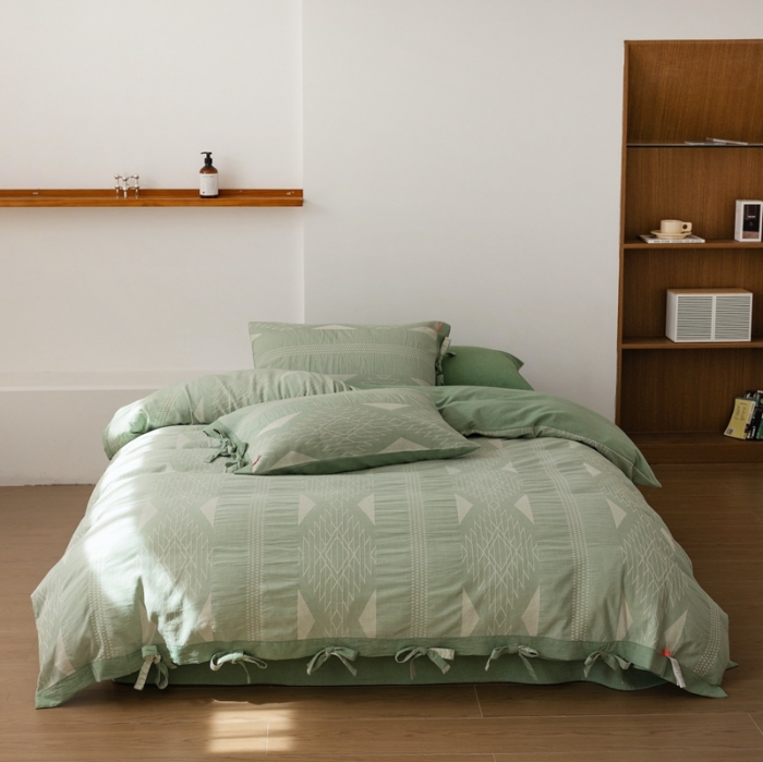 91家纺网 家纺一手货源 找家纺 安莱生活 2023四季款棉刺子大提花波西米亚风名族风四件套 波西米亚-嫩绿