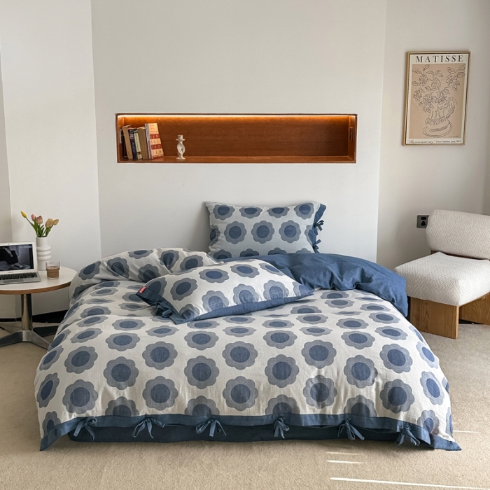 91家纺网 家纺一手货源 找家纺 总 安莱生活 2023新品双层纱太阳花工艺款绑带款太阳花高端四件套