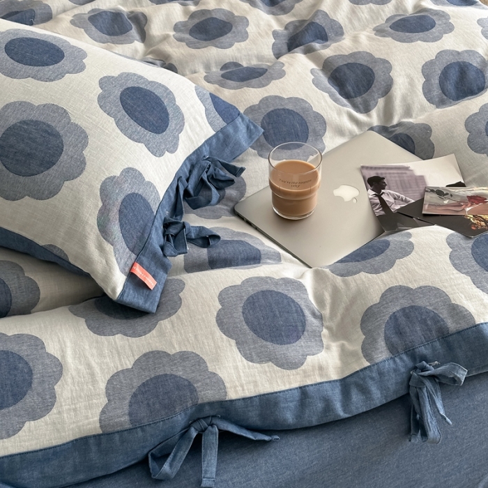 91家纺网 家纺一手货源 找家纺 总 安莱生活 2023新品双层纱太阳花工艺款绑带款太阳花高端四件套