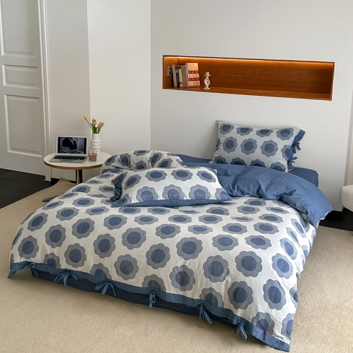 91家纺网 家纺一手货源 找家纺 总 安莱生活 2023新品双层纱太阳花工艺款绑带款太阳花高端四件套