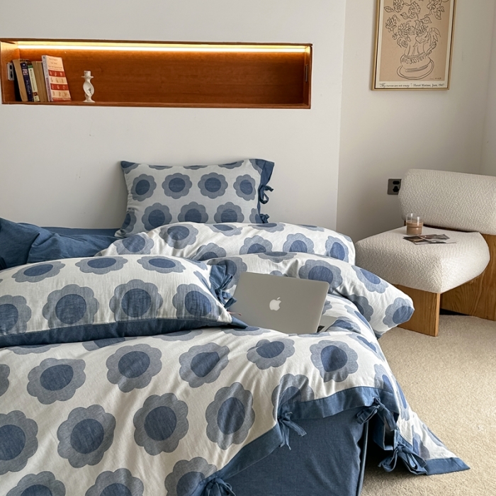 91家纺网 家纺一手货源 找家纺 总 安莱生活 2023新品双层纱太阳花工艺款绑带款太阳花高端四件套