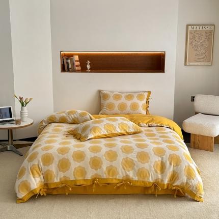 安莱生活 双层纱太阳花工艺款绑带款太阳花高端四件套 太阳花-姜黄