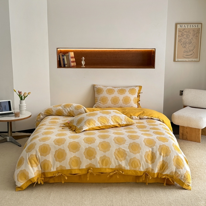 91家纺网 家纺一手货源 找家纺 安莱生活 双层纱太阳花工艺款绑带款太阳花高端四件套 太阳花-姜黄