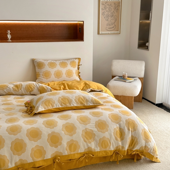 91家纺网 家纺一手货源 找家纺 安莱生活 双层纱太阳花工艺款绑带款太阳花高端四件套 太阳花-姜黄