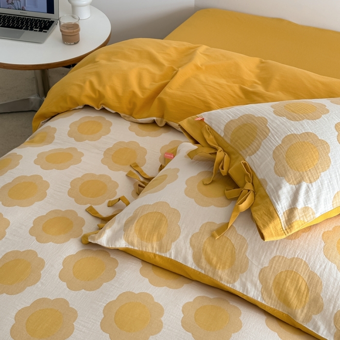 91家纺网 家纺一手货源 找家纺 安莱生活 双层纱太阳花工艺款绑带款太阳花高端四件套 太阳花-姜黄