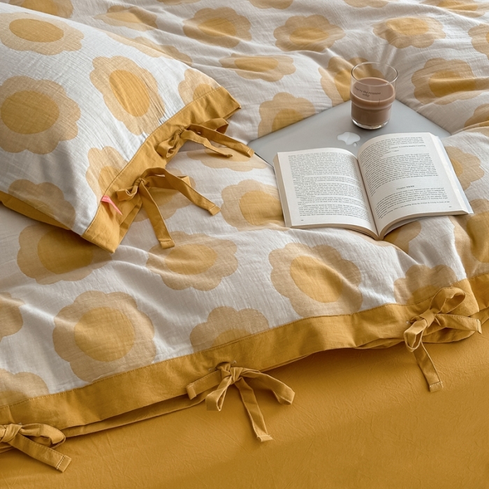 91家纺网 家纺一手货源 找家纺 安莱生活 双层纱太阳花工艺款绑带款太阳花高端四件套 太阳花-姜黄