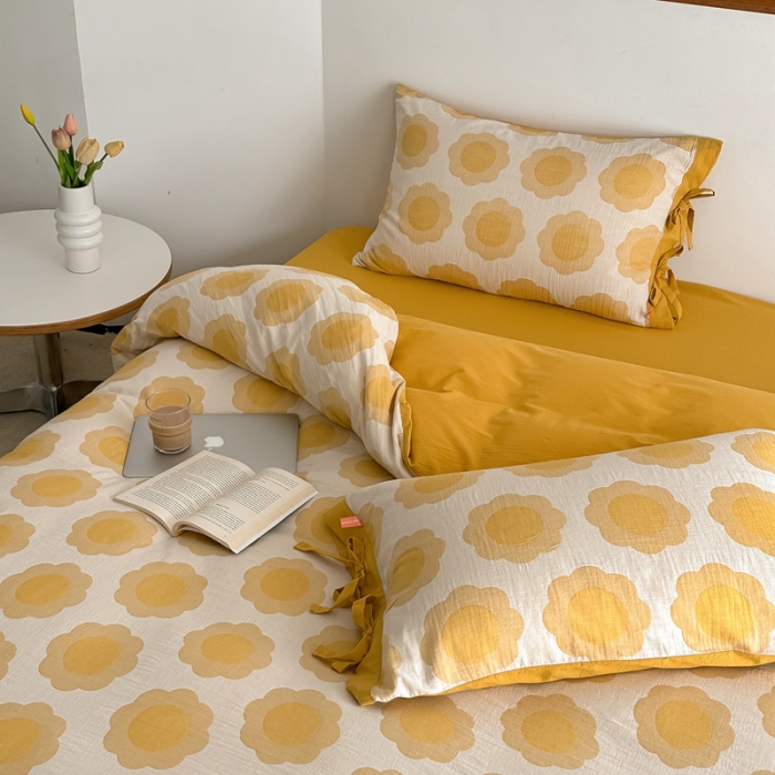 91家纺网 家纺一手货源 找家纺 安莱生活 双层纱太阳花工艺款绑带款太阳花高端四件套 太阳花-姜黄