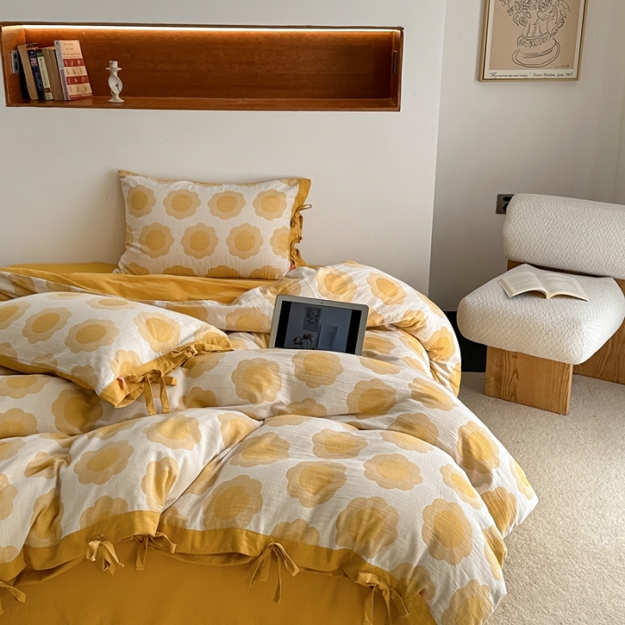 91家纺网 家纺一手货源 找家纺 安莱生活 双层纱太阳花工艺款绑带款太阳花高端四件套 太阳花-姜黄