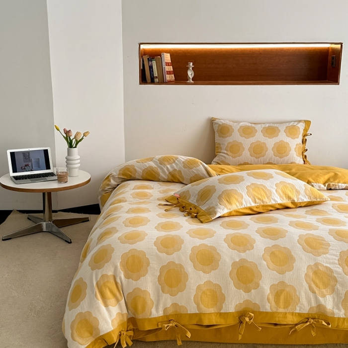 91家纺网 家纺一手货源 找家纺 安莱生活 双层纱太阳花工艺款绑带款太阳花高端四件套 太阳花-姜黄