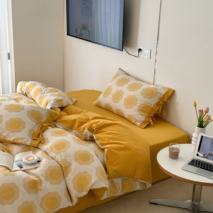 91家纺网 家纺一手货源 找家纺 安莱生活 双层纱太阳花工艺款绑带款太阳花高端四件套 太阳花-姜黄