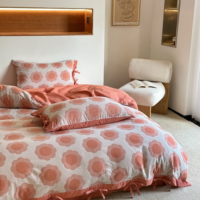 91家纺网 家纺一手货源 找家纺 安莱生活 双层纱太阳花工艺款绑带款太阳花高端四件套 太阳花-桔红