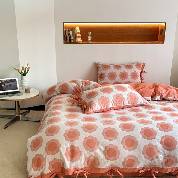 91家纺网 家纺一手货源 找家纺 安莱生活 双层纱太阳花工艺款绑带款太阳花高端四件套 太阳花-桔红