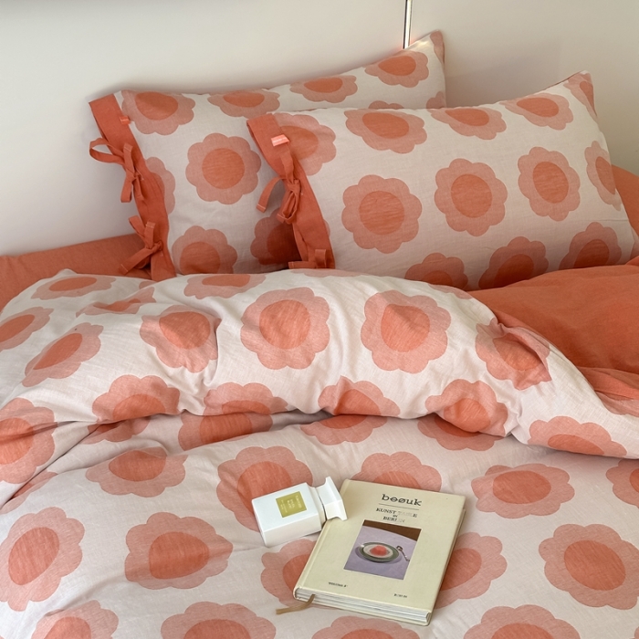 91家纺网 家纺一手货源 找家纺 安莱生活 双层纱太阳花工艺款绑带款太阳花高端四件套 太阳花-桔红